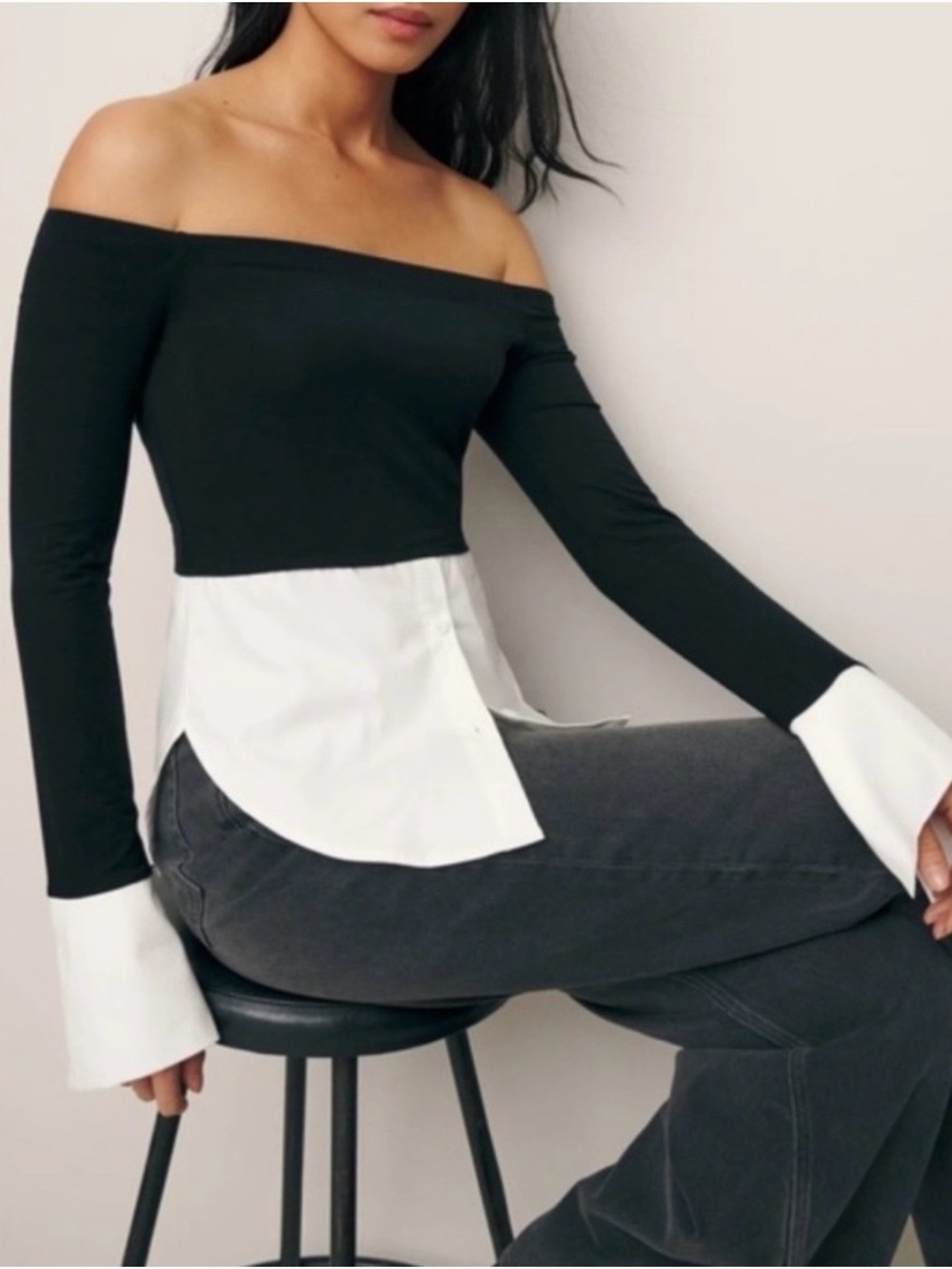 Reformation Nixie top. Off-Shoulder Top with White Layered Hem